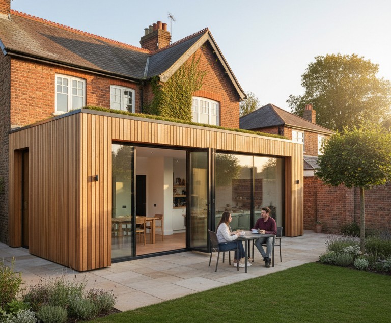 Residential brick home with timber-clad rear extension and full-height glazing